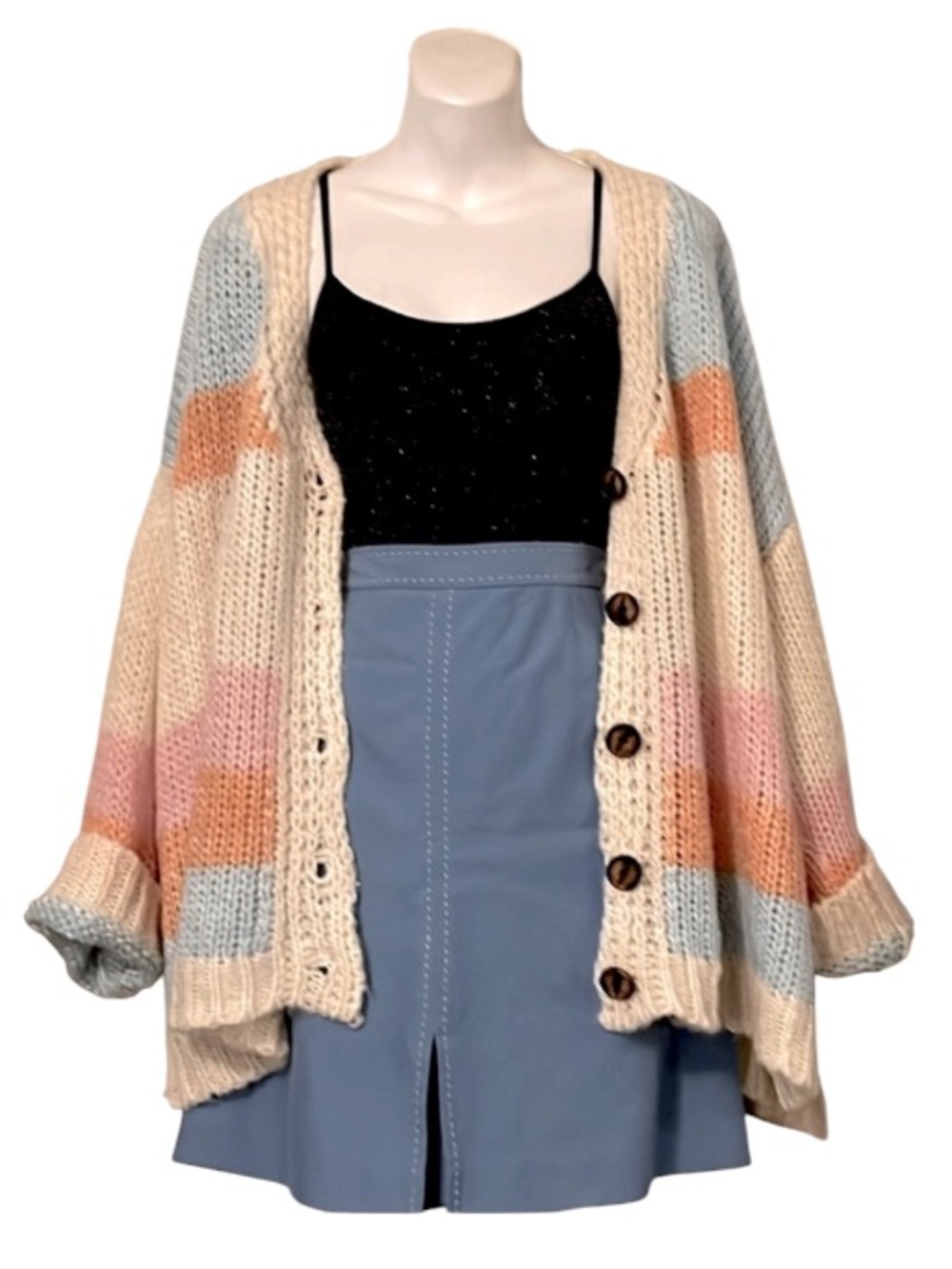 Pink Lily V Neck Oversized Striped Drop Shoulder Button Down Cardigan Sweater